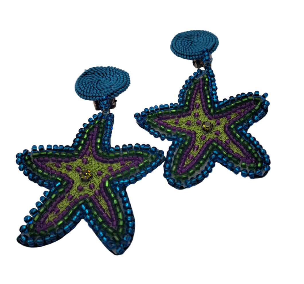 Boucles d'oreilles à clips ETOILE DE MER BLEUE - broderie haute-couture